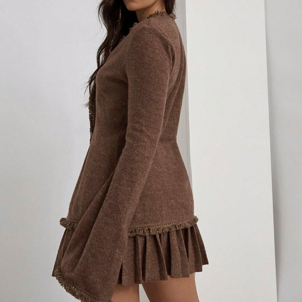 Brown Casual Women's Frayed Flare Sleeve Top & Pleated Hem Skirt knit Set - Picture 3 of 6